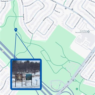 Map of Bramalea Limited Community park with a marker showing the location of What Makes a House a Home art installation by Paula Ner Dormiendo.