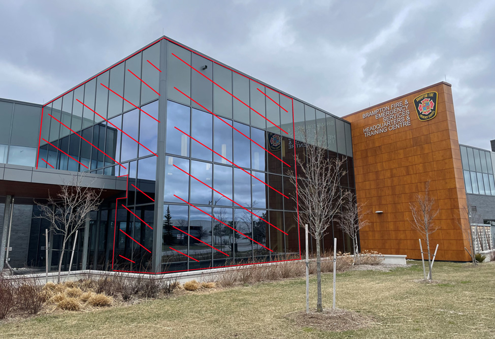 Image of the Brampton Fire and Emergency Services Headquarters and Training Centre building showing where the Window Mural placement will be