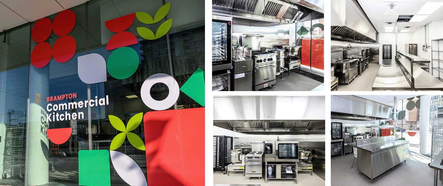 A Collage of images showing the interior and exterior of the Brampton Commercial Kitchen
